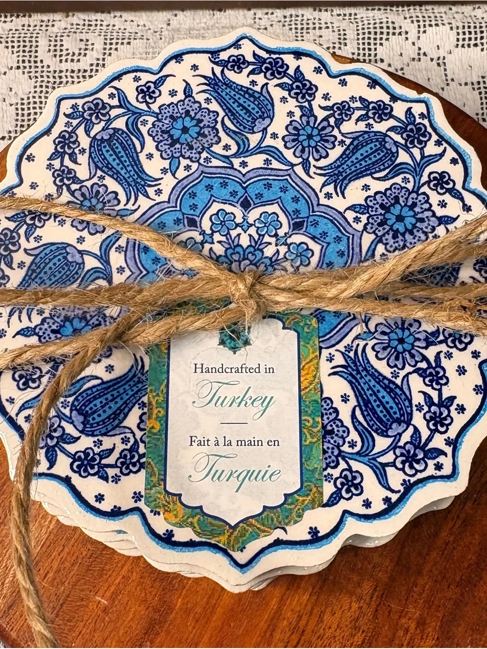 Set of 4 Turkish Ceramic Coasters Made in Turkey Boho Vibe Blue and White NWT